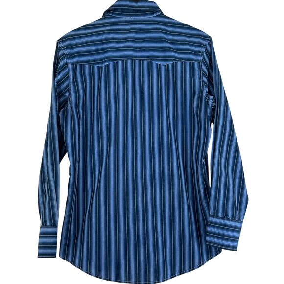 Wrangler Wrancher Shirt Mens L Blue Stripes Pearl Snaps Coastal Western Cowboy - Picture 2 of 5